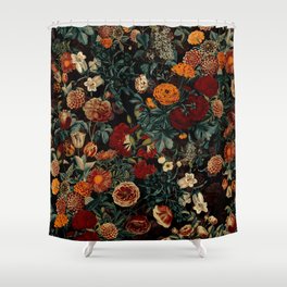 EXOTIC GARDEN - NIGHT XXI Shower Curtain | Flowers, Painting, Curated, Retro, Botanical, Pattern, Exotic, Tropical, Leaves, Nightforset 