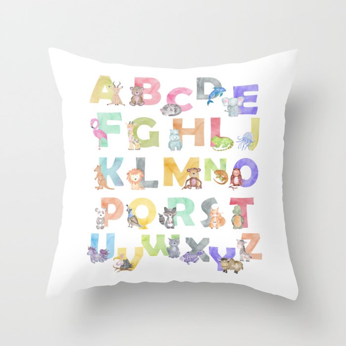 Watercolor Alphabet Animals Throw Pillow