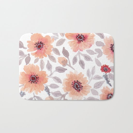 Watercolor . Salmon flowers . Bath Mat