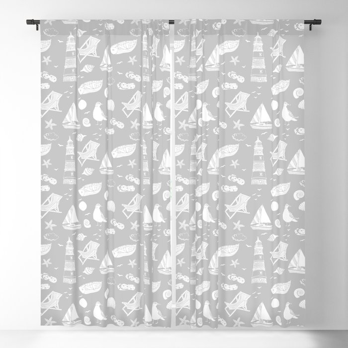 Light Grey And White Summer Beach Elements Pattern Blackout Curtain