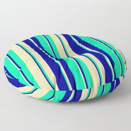 [ Thumbnail: Tan, Dark Blue & Green Colored Stripes/Lines Pattern Floor Pillow ]