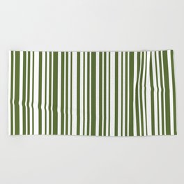 [ Thumbnail: Dark Olive Green & White Colored Stripes Pattern Beach Towel ]
