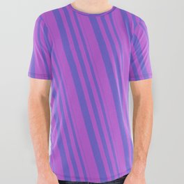 [ Thumbnail: Slate Blue & Orchid Colored Striped Pattern All Over Graphic Tee ]