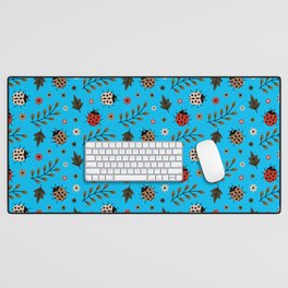 Ladybug and Floral Seamless Pattern on Turquoise Background Desk Mat