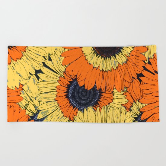 Abstracted Orange Yellow Deco Sunflowers Beach Towel