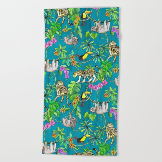 Rainforest Friends - watercolor animals on textured teal Beach Towel