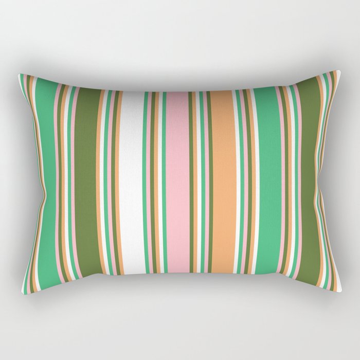 Colorful Sea Green, Light Pink, Dark Olive Green, Brown, and White Colored Lines Pattern Rectangular Pillow