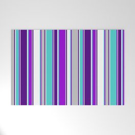 [ Thumbnail: Eyecatching Turquoise, Dark Violet, Grey, Indigo, and White Colored Pattern of Stripes Welcome Mat ]