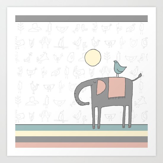 Elephant and birds Art Print