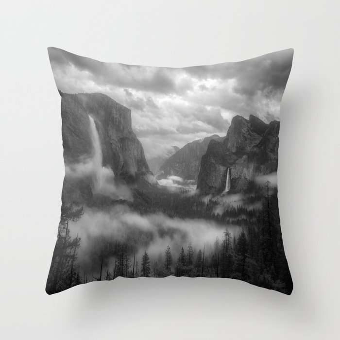 Mountains with morning mist and fog; waterfall alpine valley black and white photograph / photograph for home and wall decor Throw Pillow