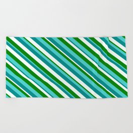 [ Thumbnail: Turquoise, Dark Cyan, Mint Cream, and Green Colored Lined Pattern Beach Towel ]