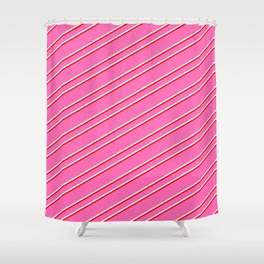 [ Thumbnail: Hot Pink, Mint Cream & Red Colored Lines/Stripes Pattern Shower Curtain ]