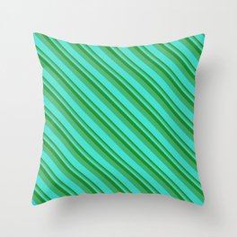 [ Thumbnail: Forest Green, Sea Green & Turquoise Colored Lined Pattern Throw Pillow ]