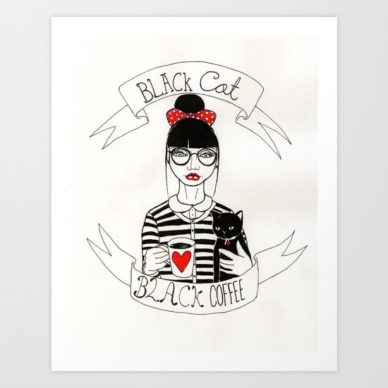 Black Cat Black Coffee Art Print
