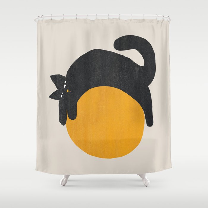 Cat with ball Duschvorhang | Gemälde, Digital, Katze, Ball, Cute, Whimsical, Lustig, Black-cat, Pet, Tier