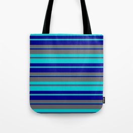 [ Thumbnail: Dark Turquoise, Dark Blue & Dim Grey Colored Lines/Stripes Pattern Tote Bag ]