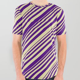 [ Thumbnail: Indigo and Pale Goldenrod Colored Lined Pattern All Over Graphic Tee ]
