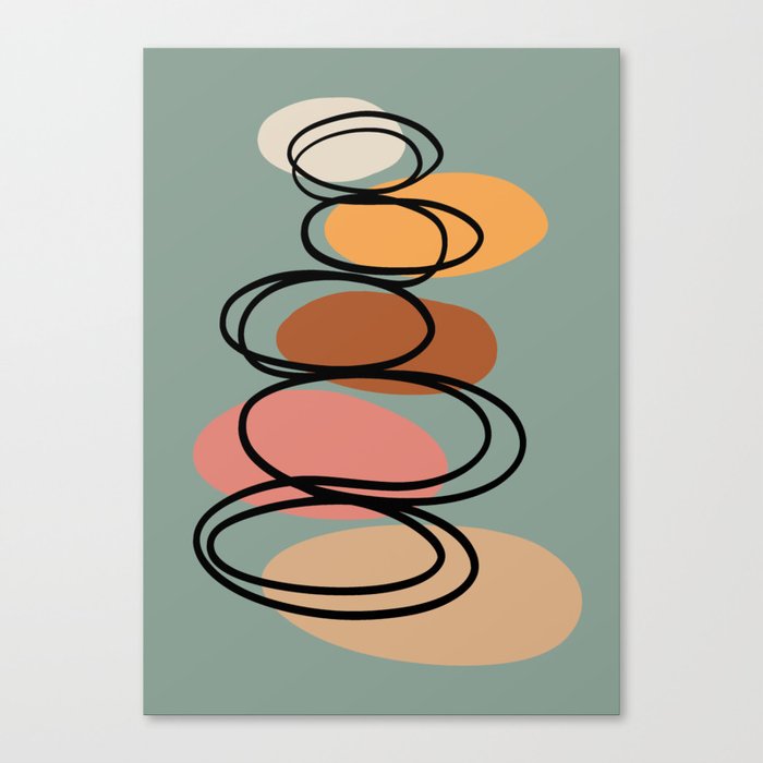 Modern minimalist balancing stones in earth tones illustration on calming green background Canvas Print