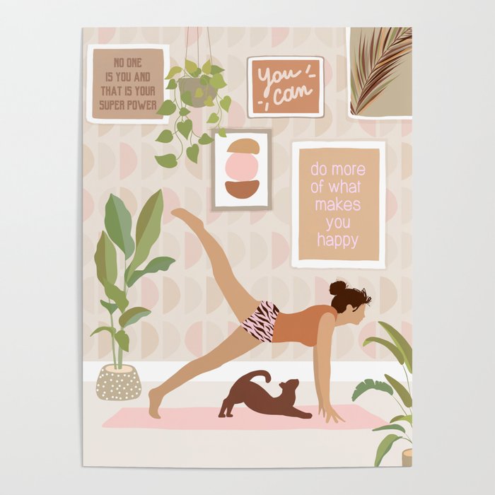 Yoga Girl Power with cat & plants Poster