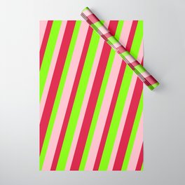 [ Thumbnail: Pink, Crimson, and Chartreuse Colored Lined Pattern Wrapping Paper ]