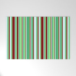 [ Thumbnail: Sea Green, Light Green, Maroon, and Light Cyan Colored Striped Pattern Welcome Mat ]