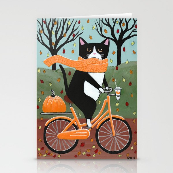 Tuxedo Cat Autumn Bicycle Ride Stationery Cards