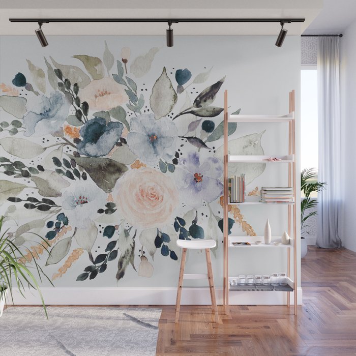 Loose Blue and Peach Floral Watercolor Bouquet  Wall Mural
