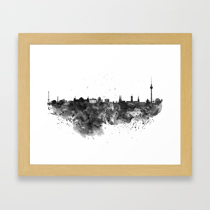 Black and white Berlin watercolor skyline Framed Art Print