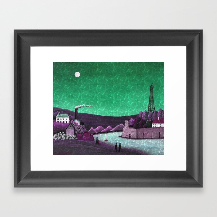 Moon on the River Seine, Paris, France emerald green reflection landscape painting by Henri Rousseau; La Seine à Suresnes Framed Art Print