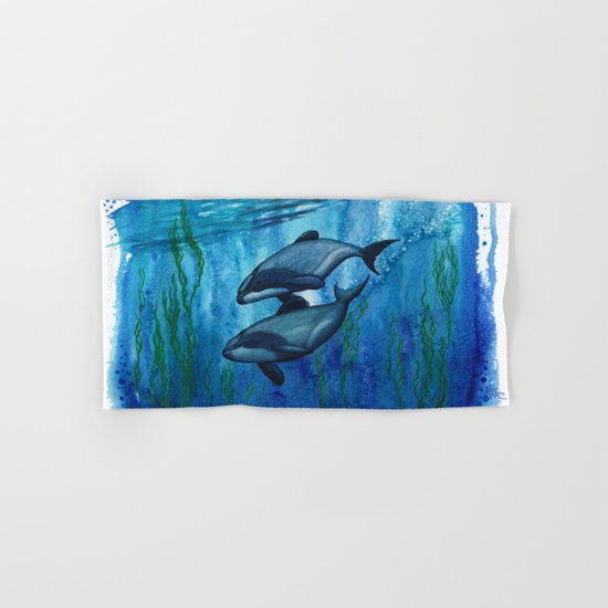 "Maui's Magic" by Amber Marine ~ (Maui's Dolphins) Watercolor Painting, (c) 2016 Hand & Bath Towel