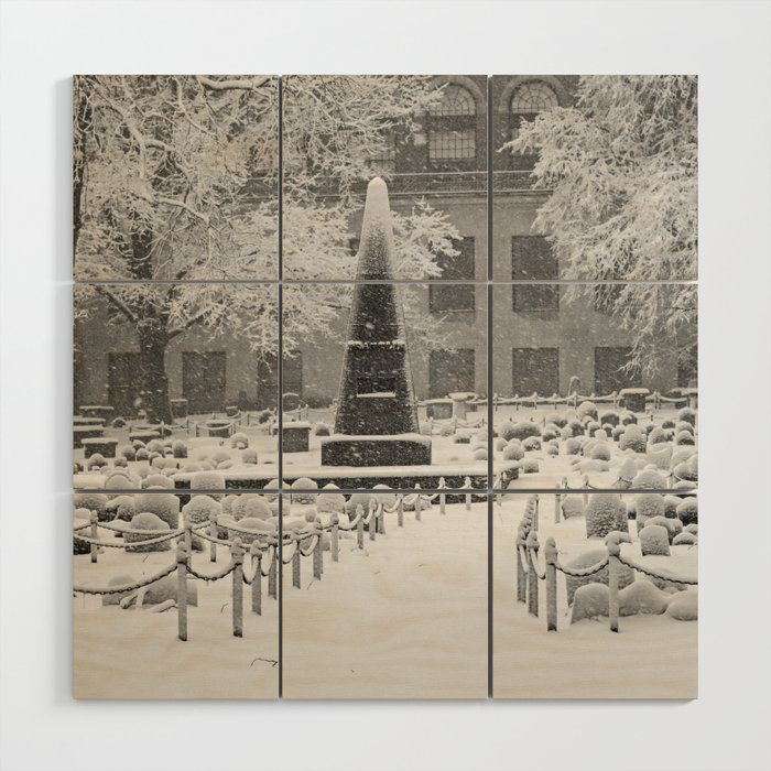 Granary Burial Ground Covered in Snow Boston Massachusetts Black and White Wood Wall Art