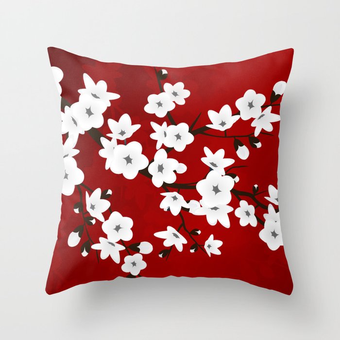 Red Black And White Cherry Blossoms Throw Pillow