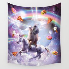 Laser Eyes Space Cat On Llama Unicorn - Rainbow Wall Tapestry