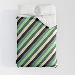 [ Thumbnail: Colorful Slate Gray, Green, Dark Slate Gray, Light Yellow & Black Colored Striped/Lined Pattern Comforter ]
