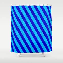[ Thumbnail: Deep Sky Blue and Blue Colored Lined Pattern Shower Curtain ]