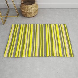 [ Thumbnail: Green, Yellow, Tan & Grey Colored Lined/Striped Pattern Rug ]
