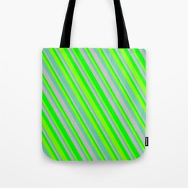 [ Thumbnail: Grey, Lime, Chartreuse, and Aquamarine Colored Lined/Striped Pattern Tote Bag ]