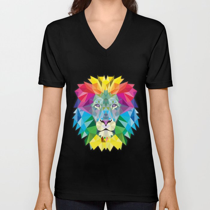 Geometric Rainbow Lion V Neck T Shirt