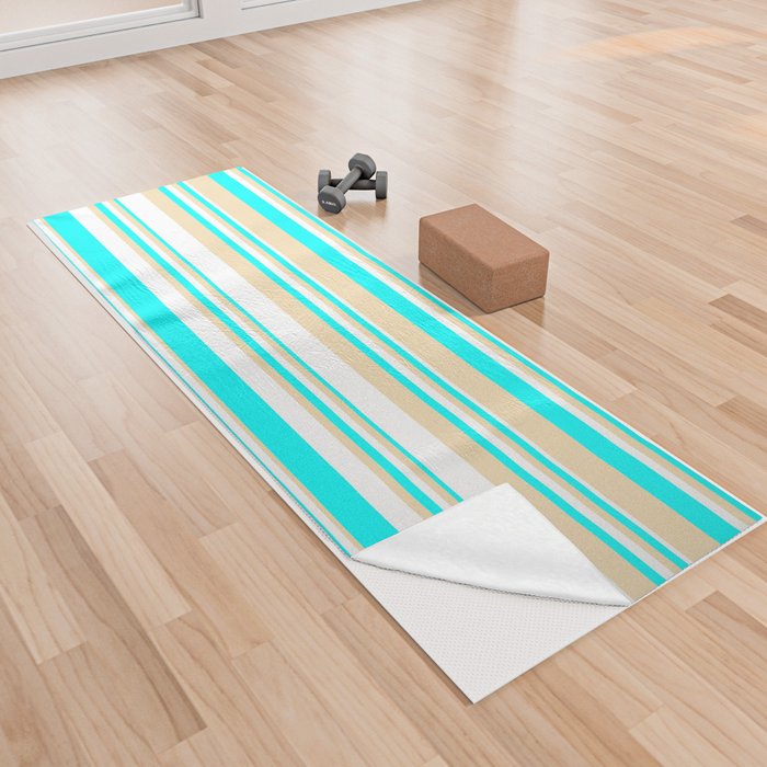 White, Aqua & Tan Colored Striped/Lined Pattern Yoga Towel