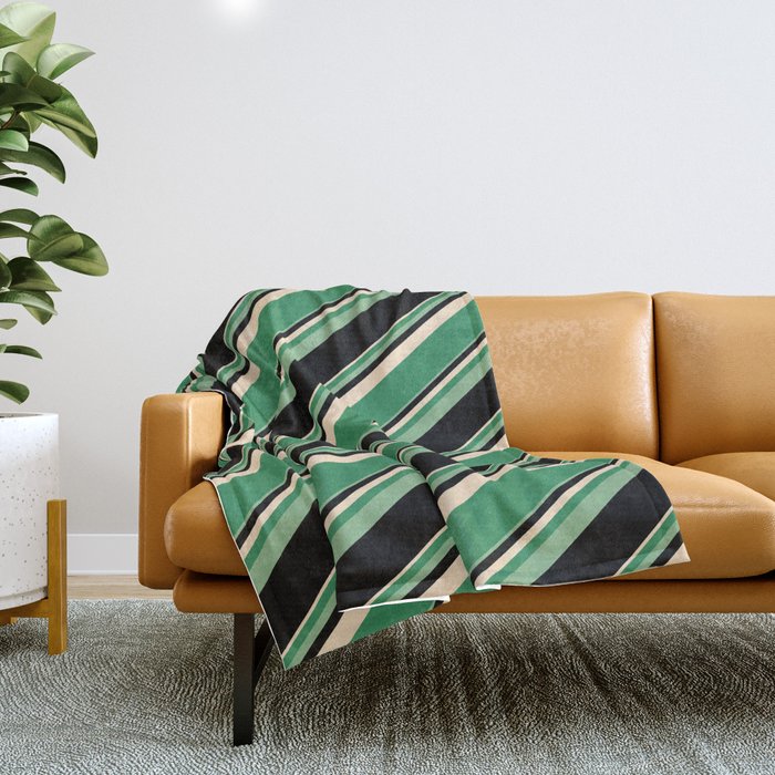 Bisque, Sea Green, Dark Sea Green, and Black Colored Lined Pattern Throw Blanket