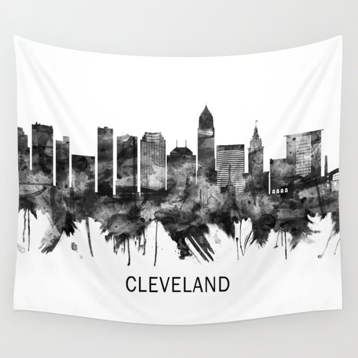 Cleveland Ohio Skyline BW Wall Tapestry