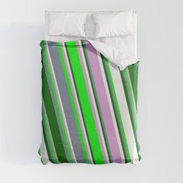 [ Thumbnail: Vibrant Plum, Lime, Light Slate Gray, Dark Green & White Colored Lines/Stripes Pattern Duvet Cover ]