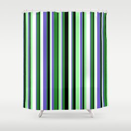 [ Thumbnail: Colorful Forest Green, Slate Blue, White, Green, and Black Colored Stripes Pattern Shower Curtain ]