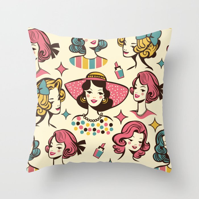 Bold & Colorful Vintage Ladies - Light Carmine Pink Throw Pillow