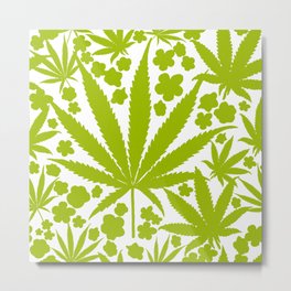 Modern Cannabis And Flowers Green On White Metal Print
