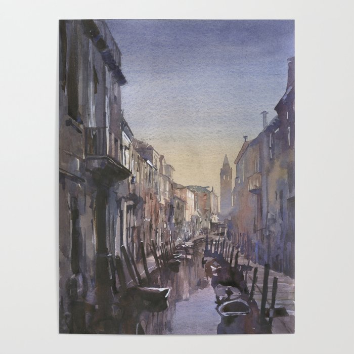 Sunset over canals and medieval architecture of Venice, Italy.  Watercolor painting Venice Italy gondola boats church architecture sunset. Poster