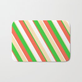 [ Thumbnail: Red, White, Beige, and Lime Green Colored Striped/Lined Pattern Bath Mat ]