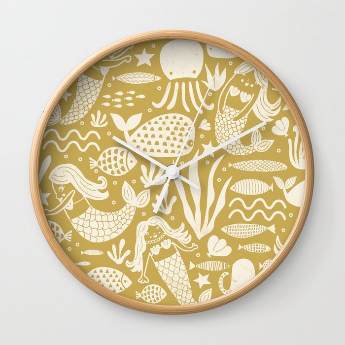 Fish Mermaid Pattern Olive Green Wall Clock