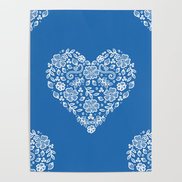 Azure Strong Blue Heart Lace Flowers Poster