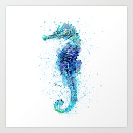 Blue Turquoise Watercolor Seahorse Art Print